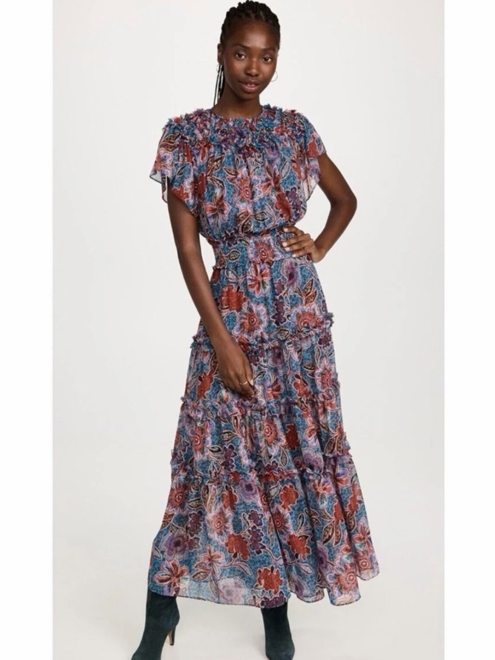 Misa Suki‎ Cerulean Flora Metallic Chiffon Floral Ruffle Midi Dress